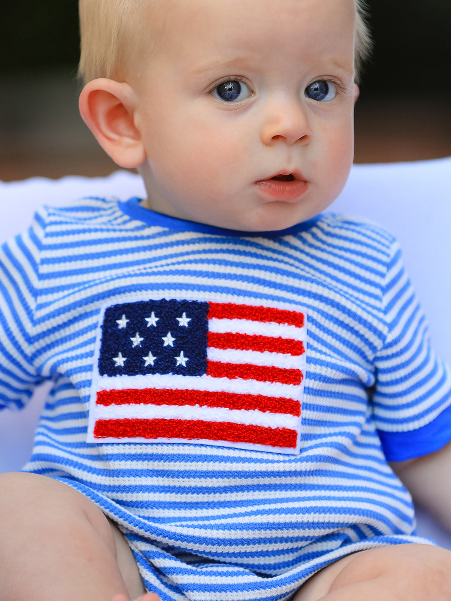 4th of July Flag Chenille Baby Boy Romper Blue Stripe