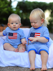 4th of July Flag Chenille Baby Boy Romper Blue Stripe