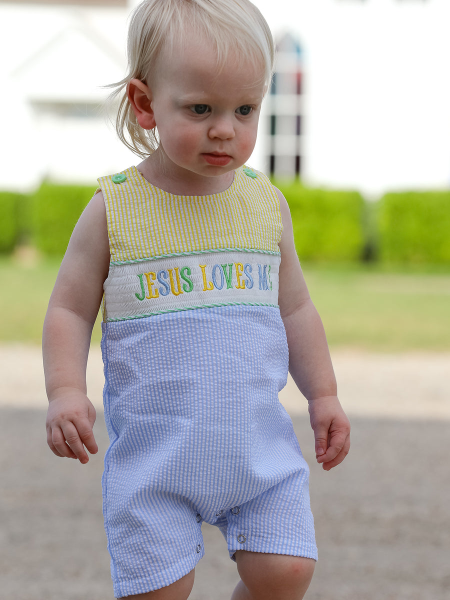 "Jesus Loves Me "Embroidered Baby Boy Romper