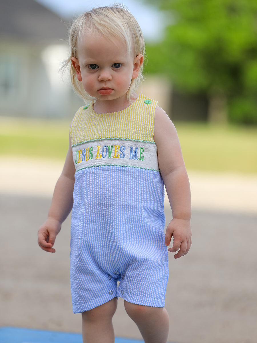 "Jesus Loves Me "Embroidered Baby Boy Romper