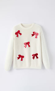 Mommy & Me Winter Girls Bow Sequins Pullover Sweater