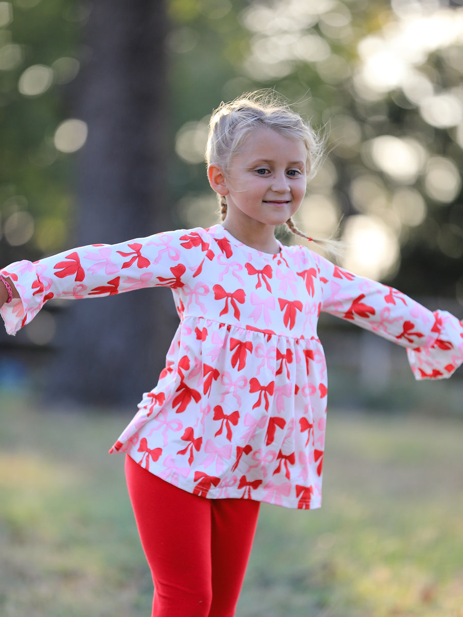 Baby Girls Valentine’s Bow Print Long Sleeve Ruffle Set