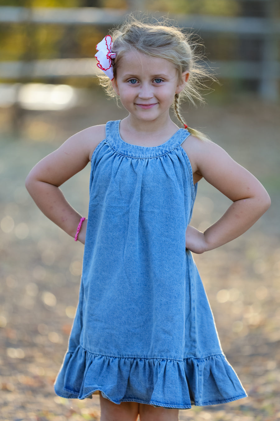 Girls Denim Ruffle Trim A-Line Dress Light Blue / 3 Girls Denim Ruffle Trim A-Line Dress Light Blue / 3