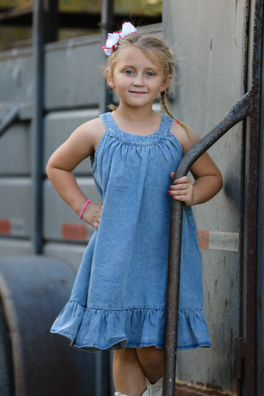 Girls Denim Ruffle Trim A-Line Dress Rylee Faith Designs Girls Denim Ruffle Trim A-Line Dress Rylee Faith Designs
