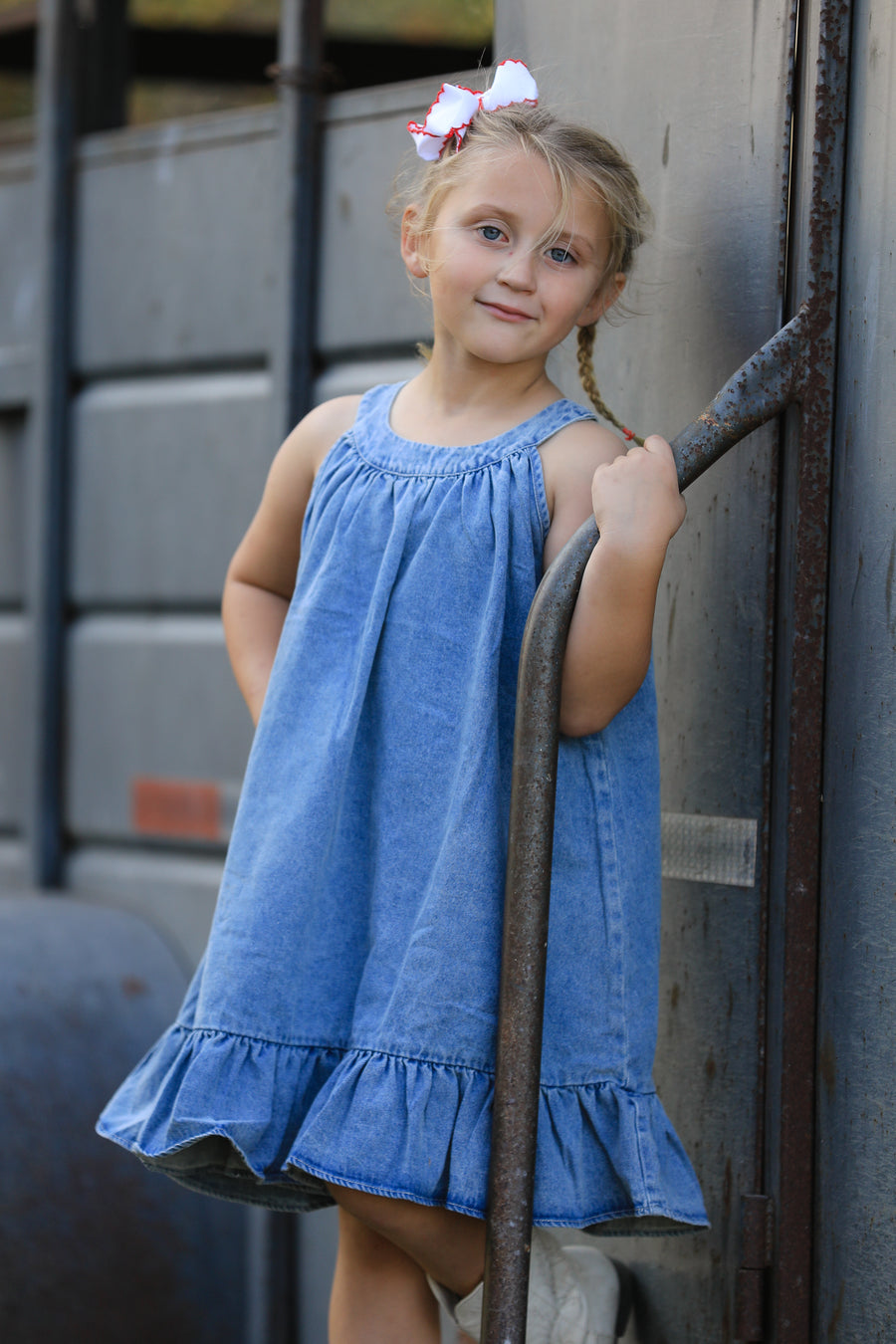 Girls Denim Ruffle Trim A-Line Dress Rylee Faith Designs Girls Denim Ruffle Trim A-Line Dress Rylee Faith Designs