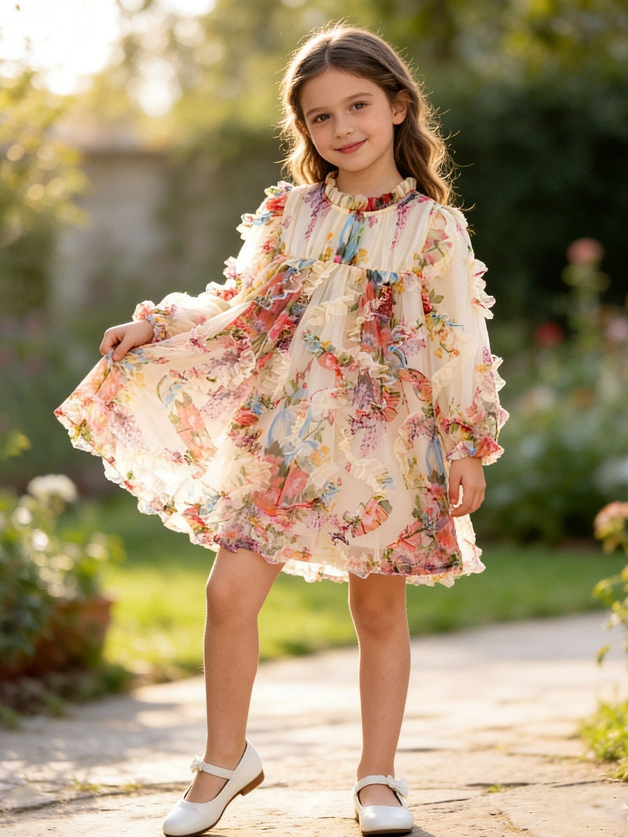 Pastel Flower Ruffle Layered Girls Dress 7
