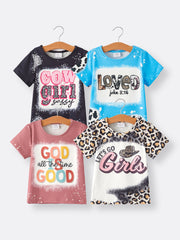 Four piece Baby Girl Leopard Letter Bleached Short Sleeve T-shirt Top Set