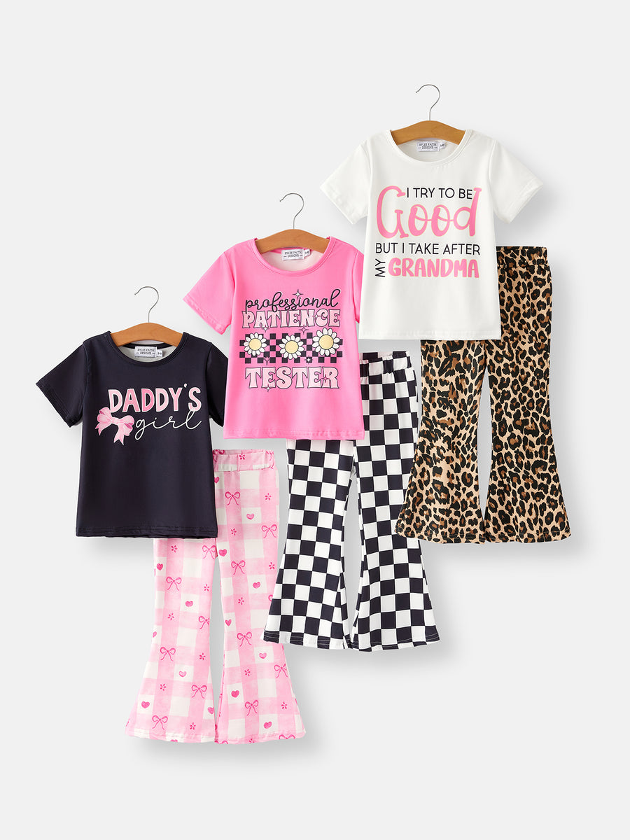 Letter Leopard Check Bow Floral Print Girls Set 6-Piece Set