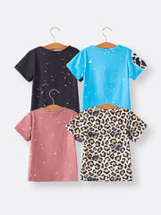 Four piece Baby Girl Leopard Letter Bleached Short Sleeve T-shirt Top Set