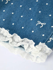 Spring Bow Dot Denim Ruffle Top and Pants Set 3/4 Pants