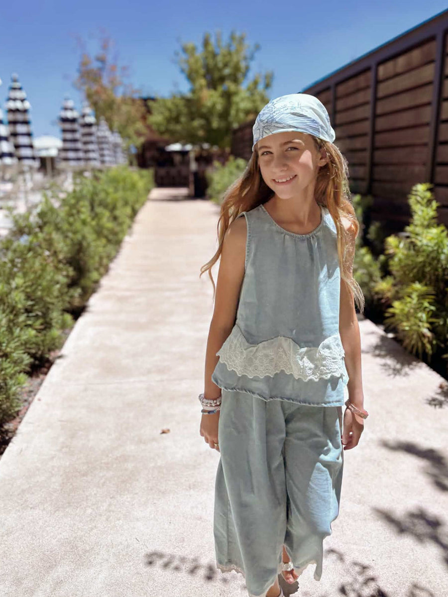 Summer Light Color Denim Lace Girls Set