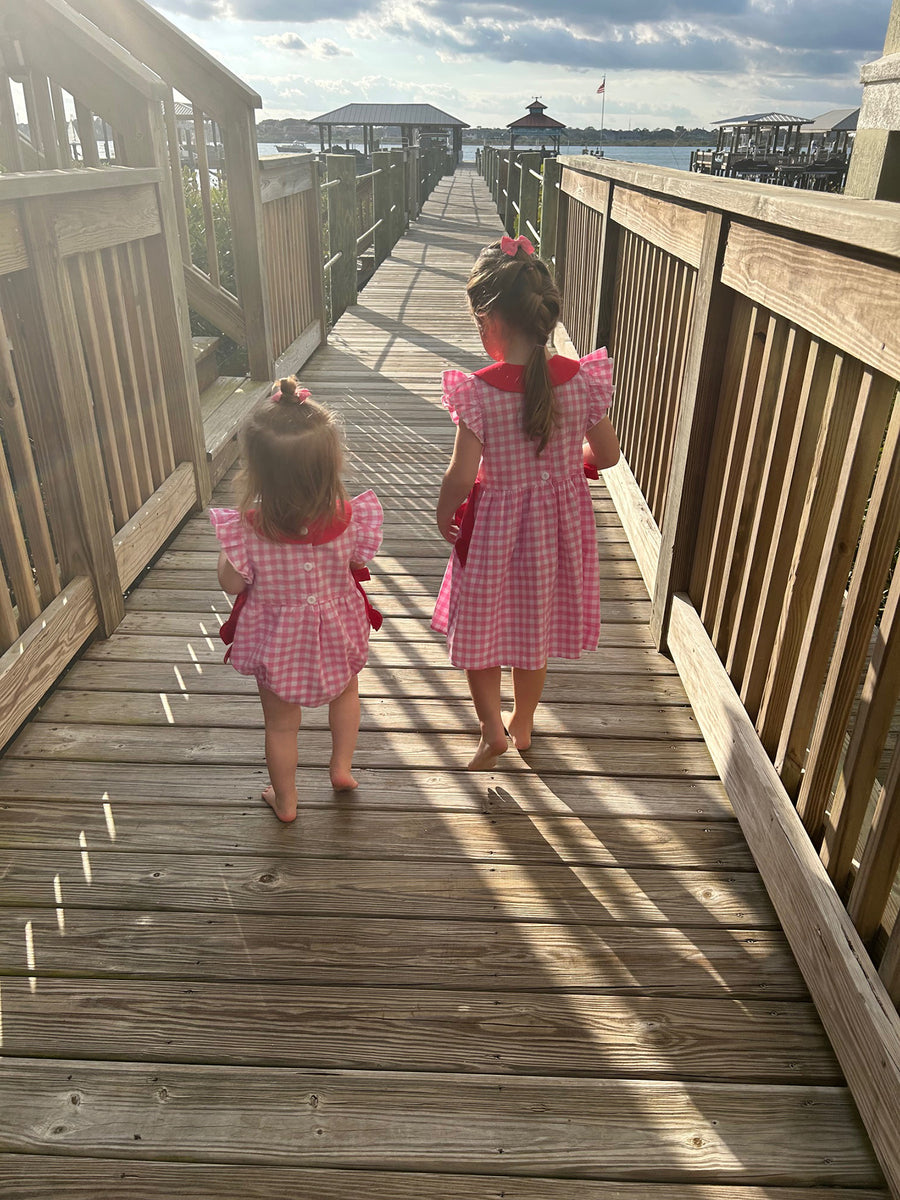 Valentine Pink Plaid Bubble Romper with Red Hearts and Bows