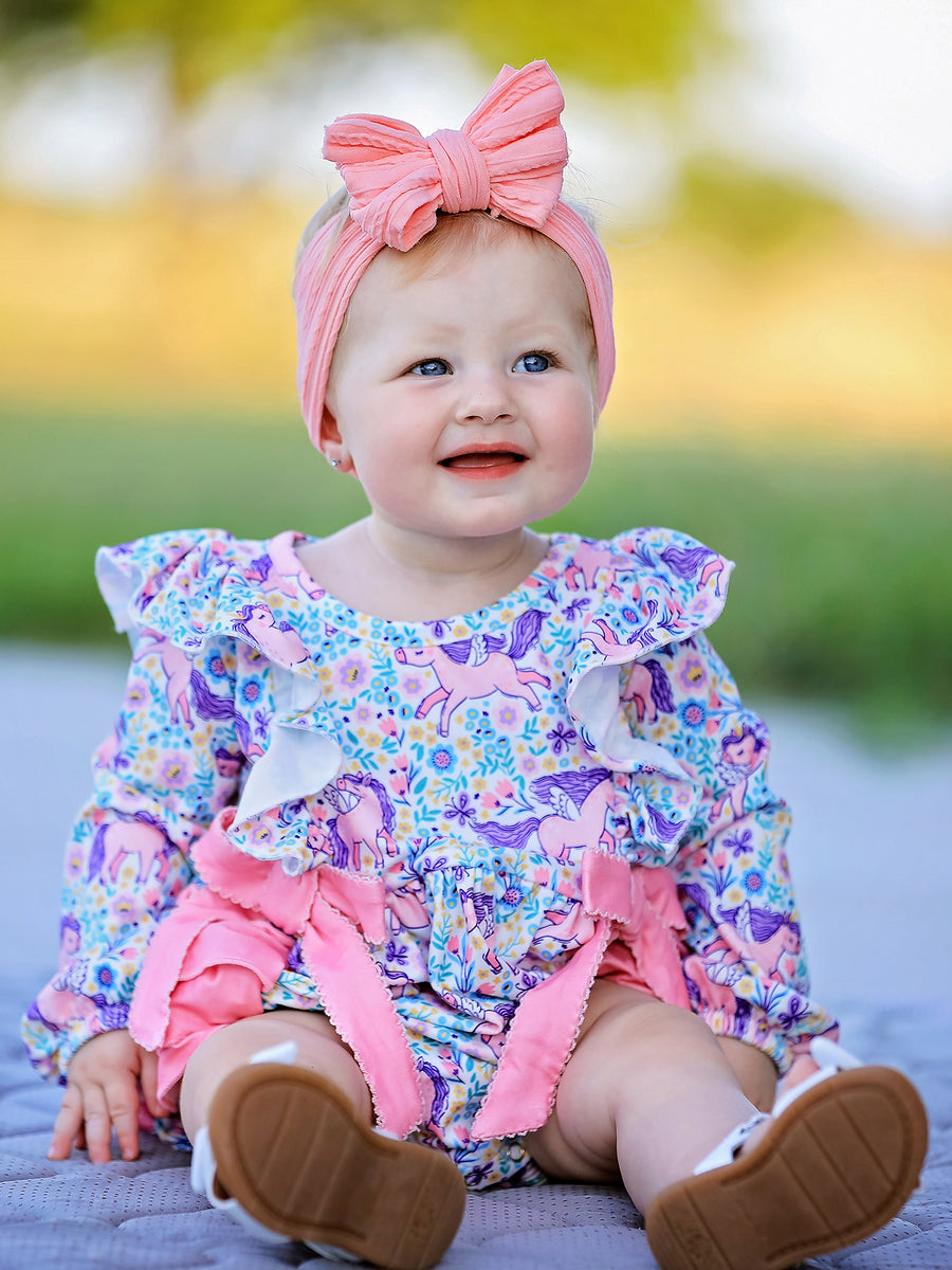 Unicorn Floral Print Girls Long Sleeve Romper