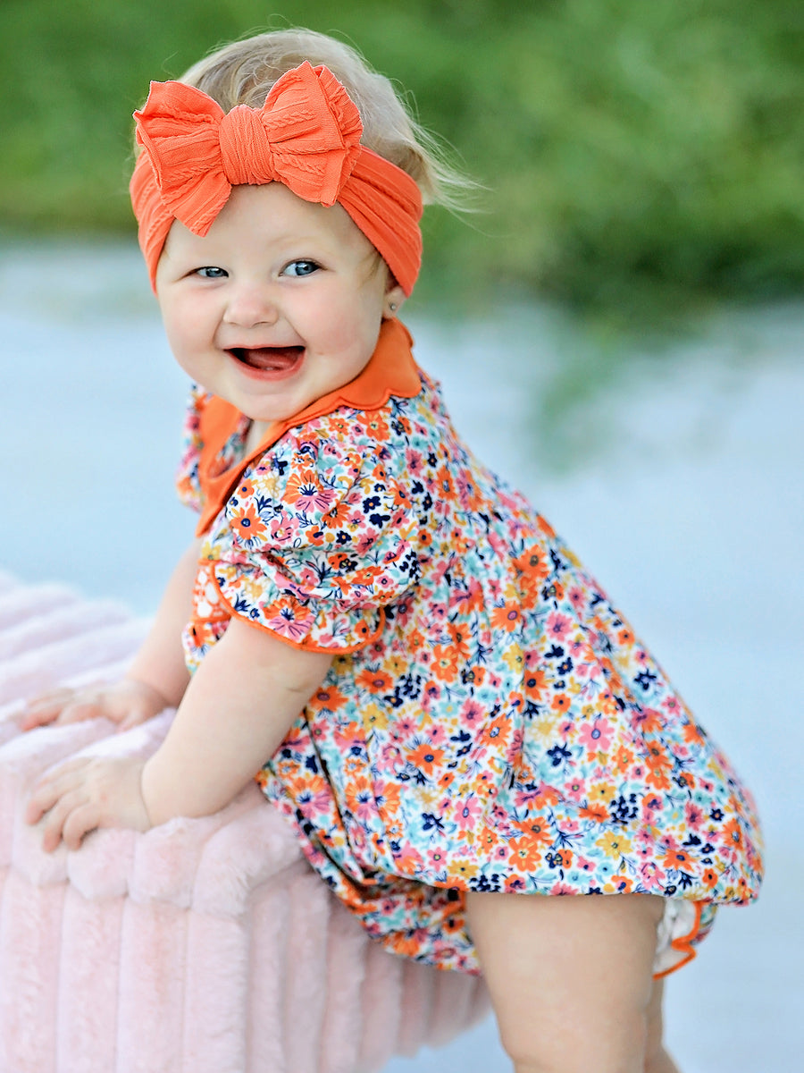 Fall Floral Smocked Petals Collar Girls Bubble Romper