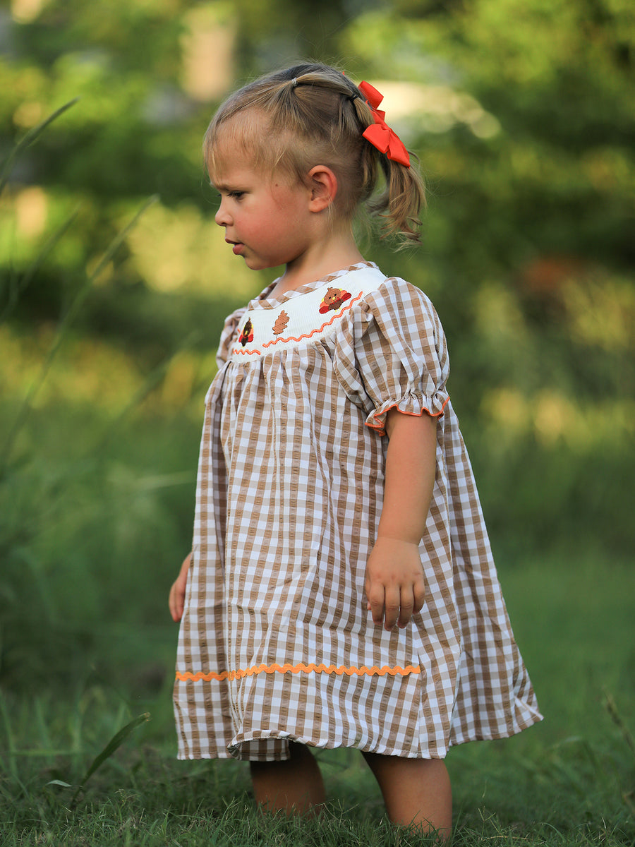 Girls Thanksgiving Turkey Smocking Embroidered Brown Plaid Dress