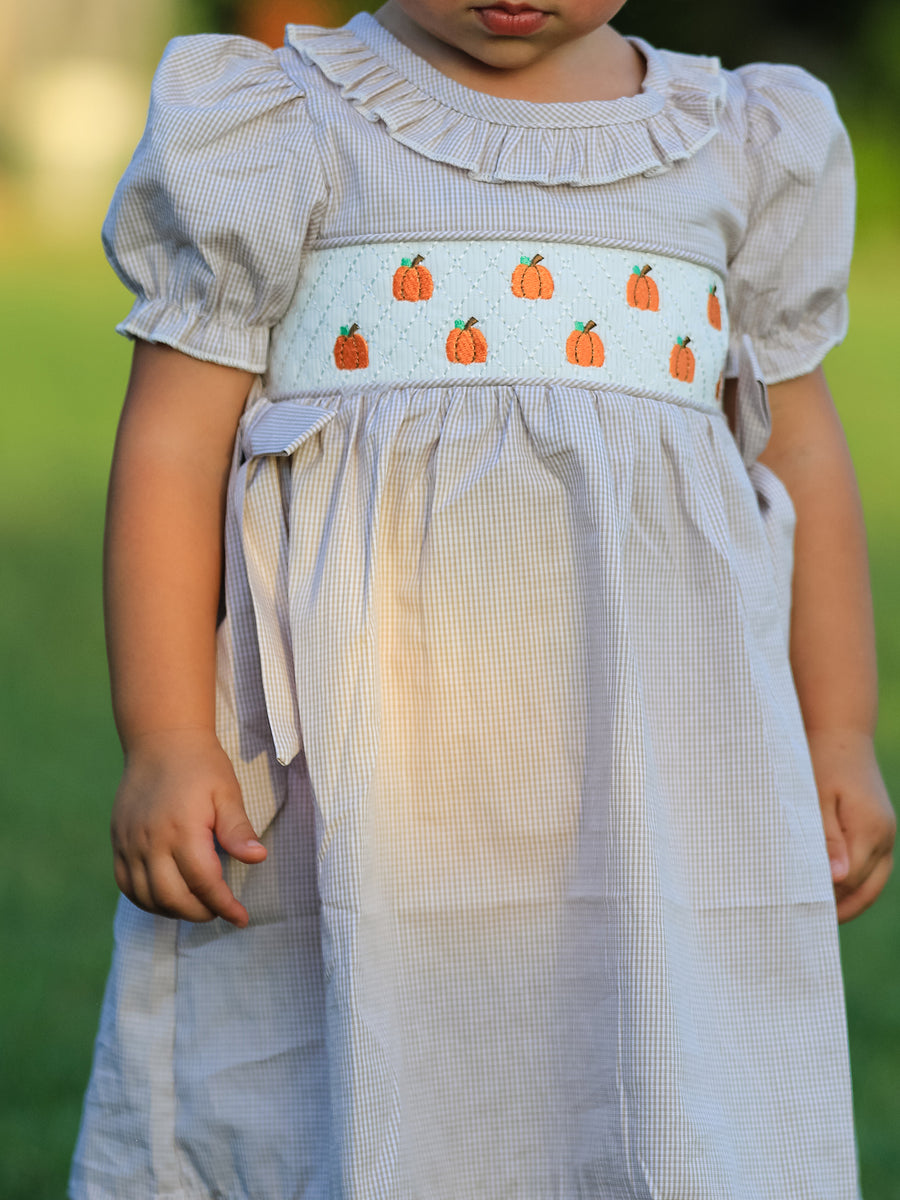 PREORDER Fall Halloween & Thanksgiving Pumpkin Embroidery Smock Plaid Girls Dress