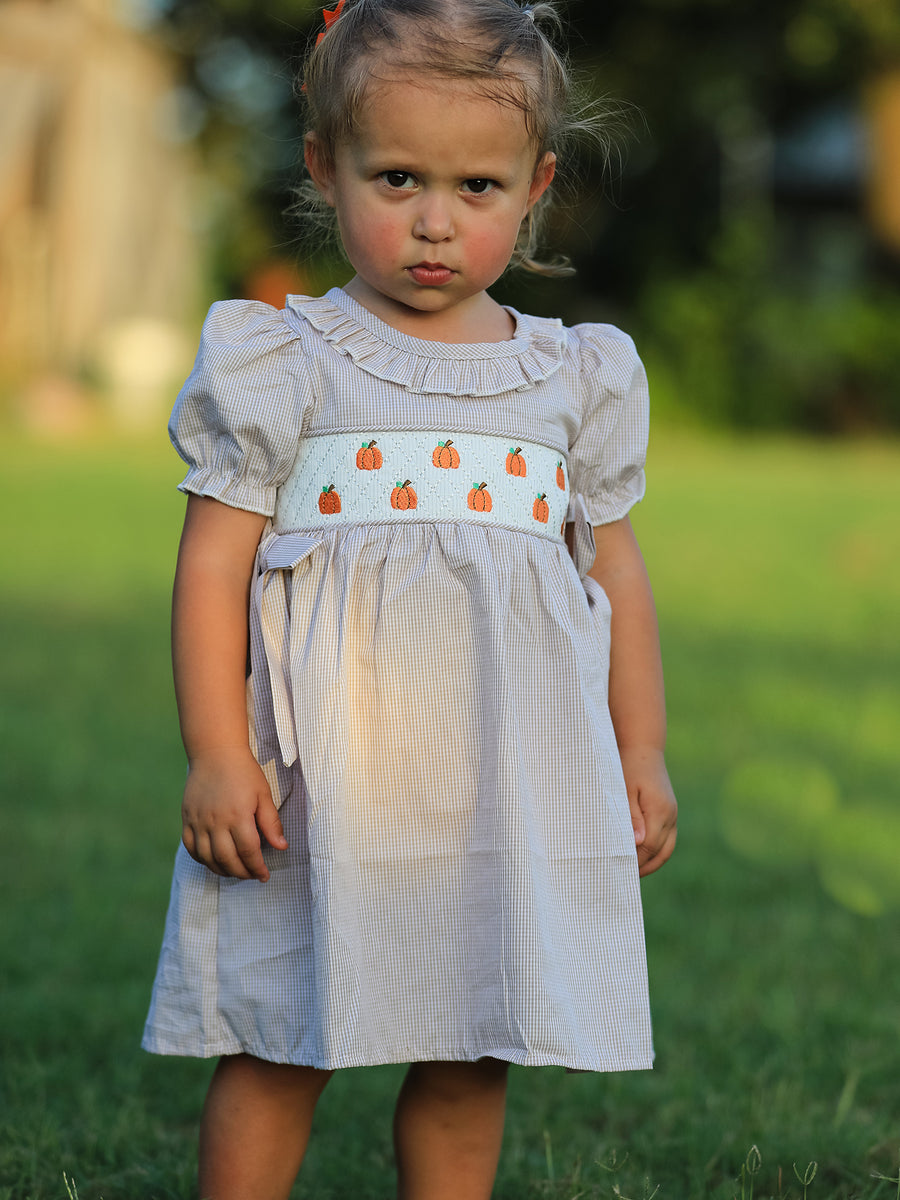 PREORDER Fall Halloween & Thanksgiving Pumpkin Embroidery Smock Plaid Girls Dress