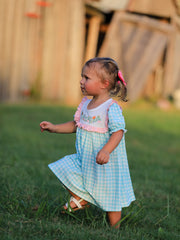 Thanksgiving Day Fall Pumpkin Flowers Embroidered Check Girls Dress