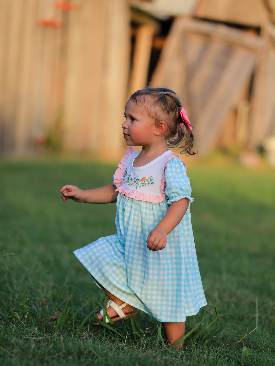 Thanksgiving Day Fall Pumpkin Flowers Embroidered Check Girls Dress