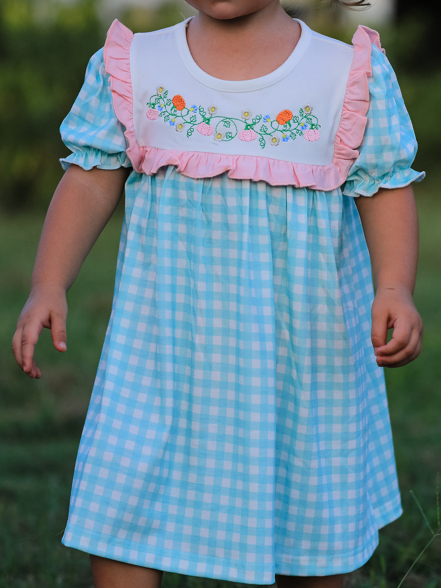 Thanksgiving Day Fall Pumpkin Flowers Embroidered Check Girls Dress