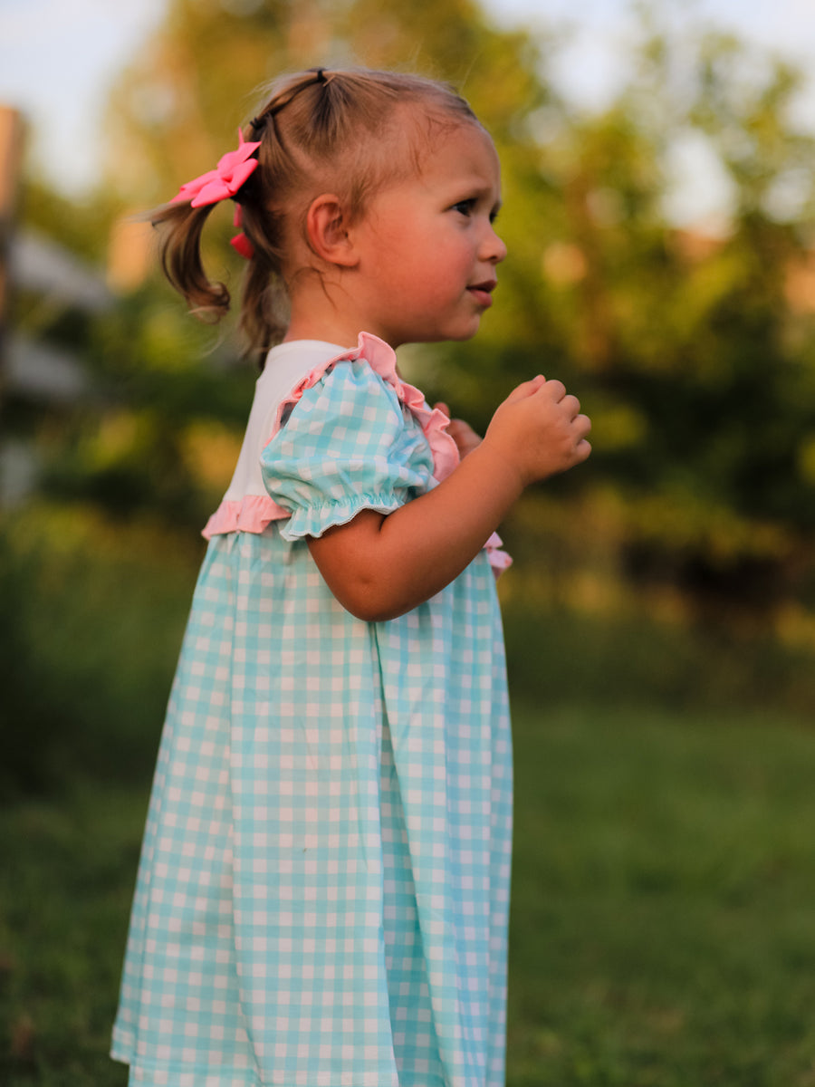 Thanksgiving Day Fall Pumpkin Flowers Embroidered Check Girls Dress