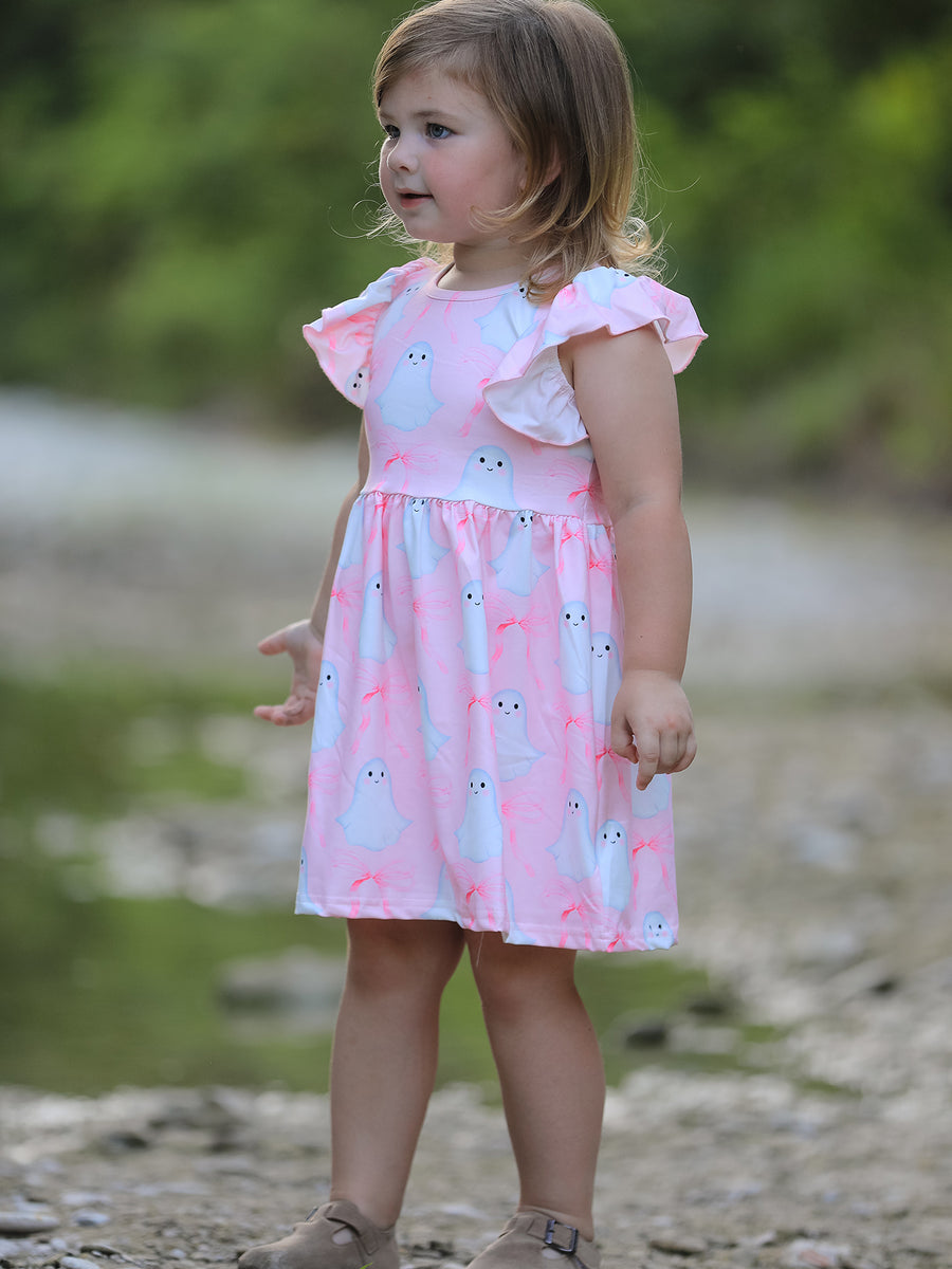 Halloween Pink Ghost Bow Flying Sleeve Dress