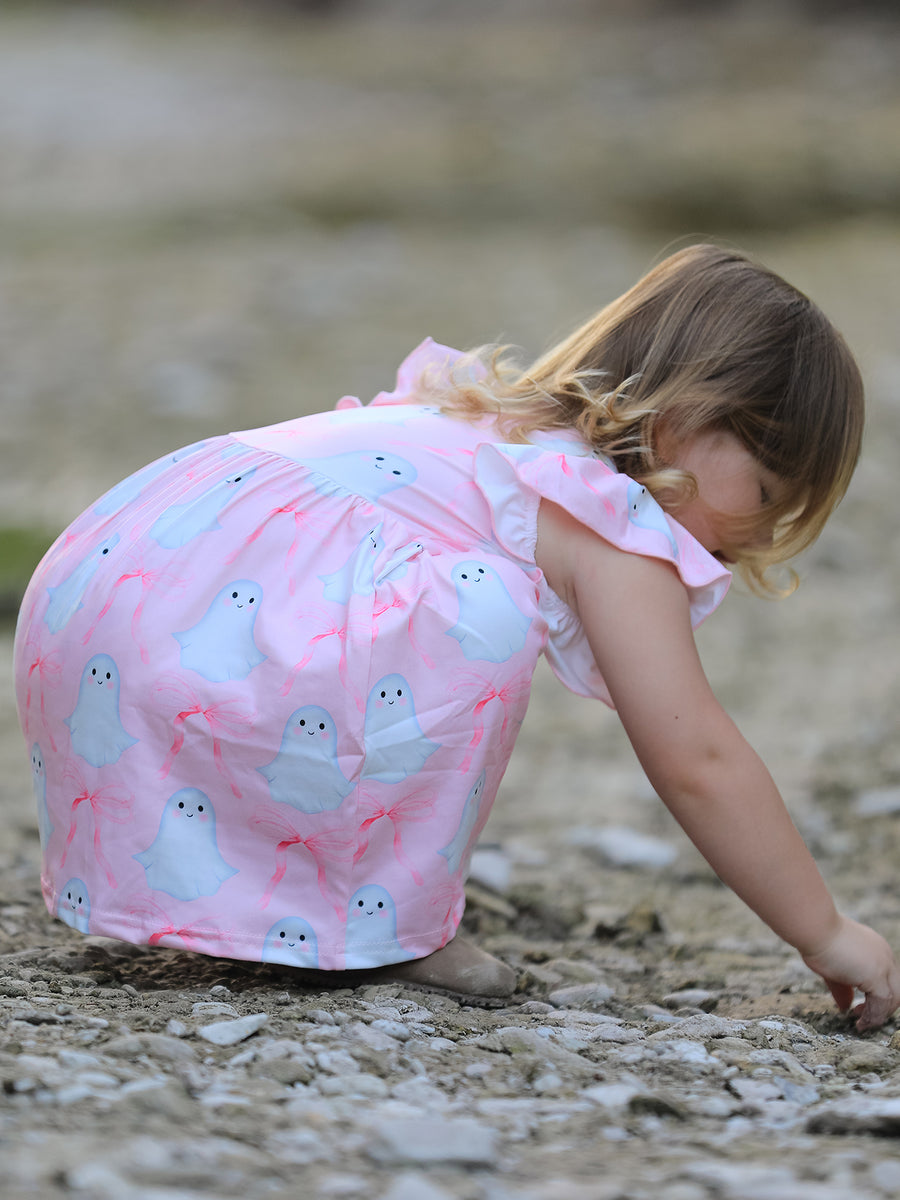 Halloween Pink Ghost Bow Flying Sleeve Dress