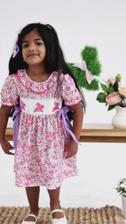 Easter Colorful Floral Bunny Embroidery Bow Ruffle Girl Dress