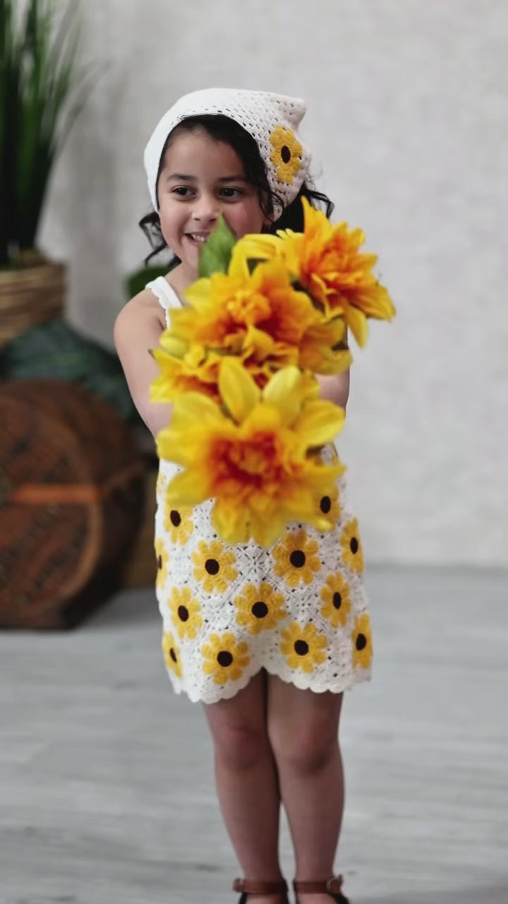 Summer Crochet Sunflower Girl Dress with Headscarf 2