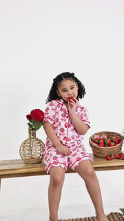 Spring Strawberry Bow Short Sleeve Shorts Pajama Set
