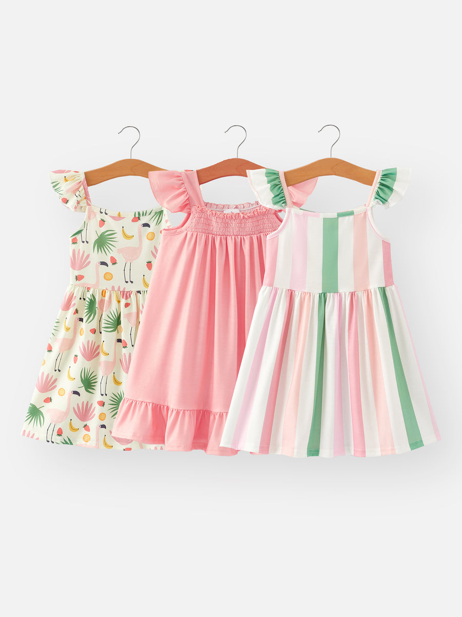 Summer Girls Leaves Stripes Dress 3-piece Set