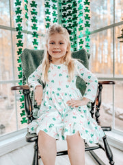St. Patrick's Day Bow Shamrock Print Ruffles Girls Dress