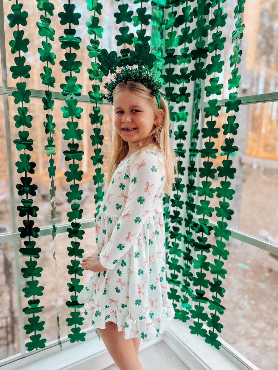 St. Patrick's Day Bow Shamrock Print Ruffles Girls Dress