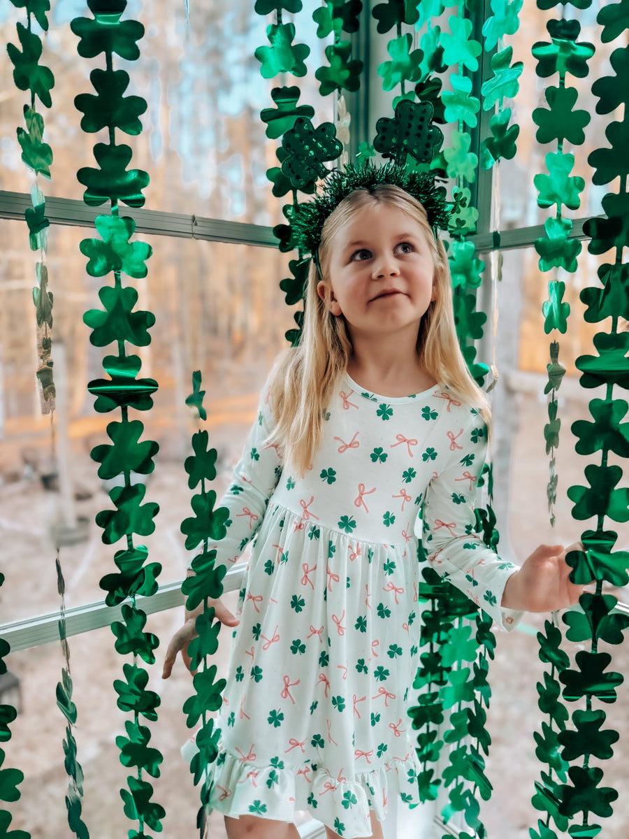 St. Patrick's Day Bow Shamrock Print Ruffles Girls Dress