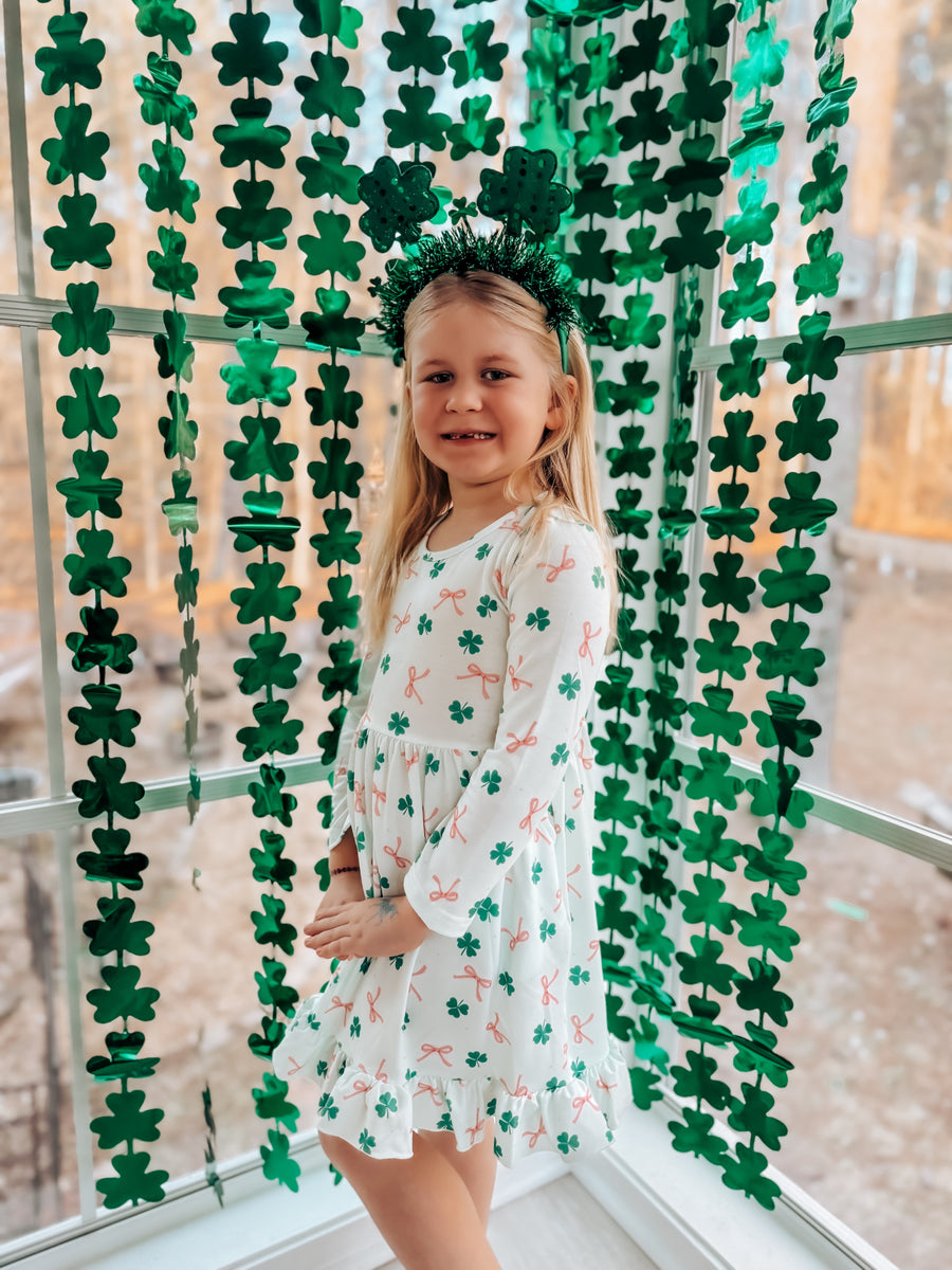 St. Patrick's Day Bow Shamrock Print Ruffles Girls Dress