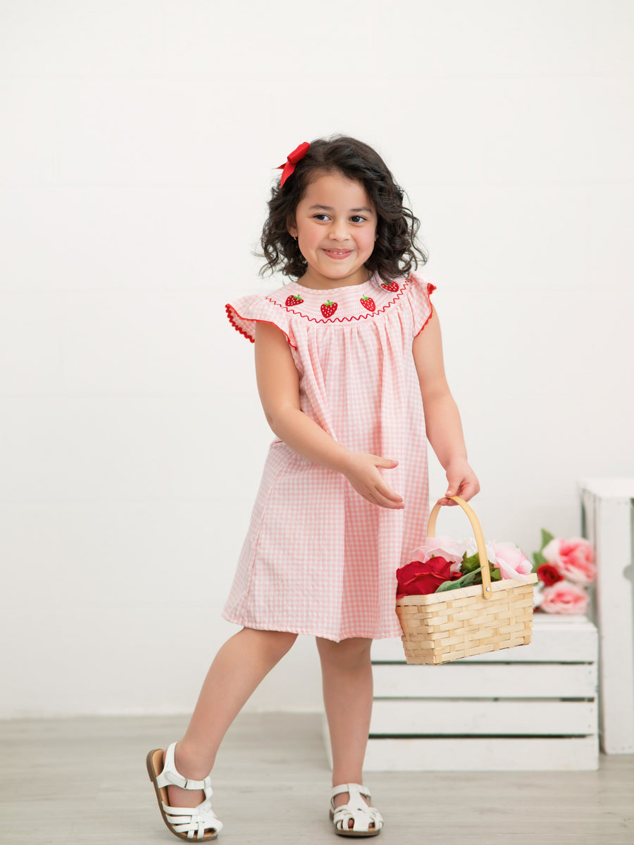 Baby Girls Strawberry Embroidered Plaid Smocked Dress