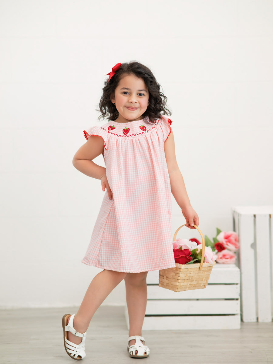 Baby Girls Strawberry Embroidered Plaid Smocked Dress 4 Baby Girls Strawberry Embroidered Plaid Smocked Dress 4