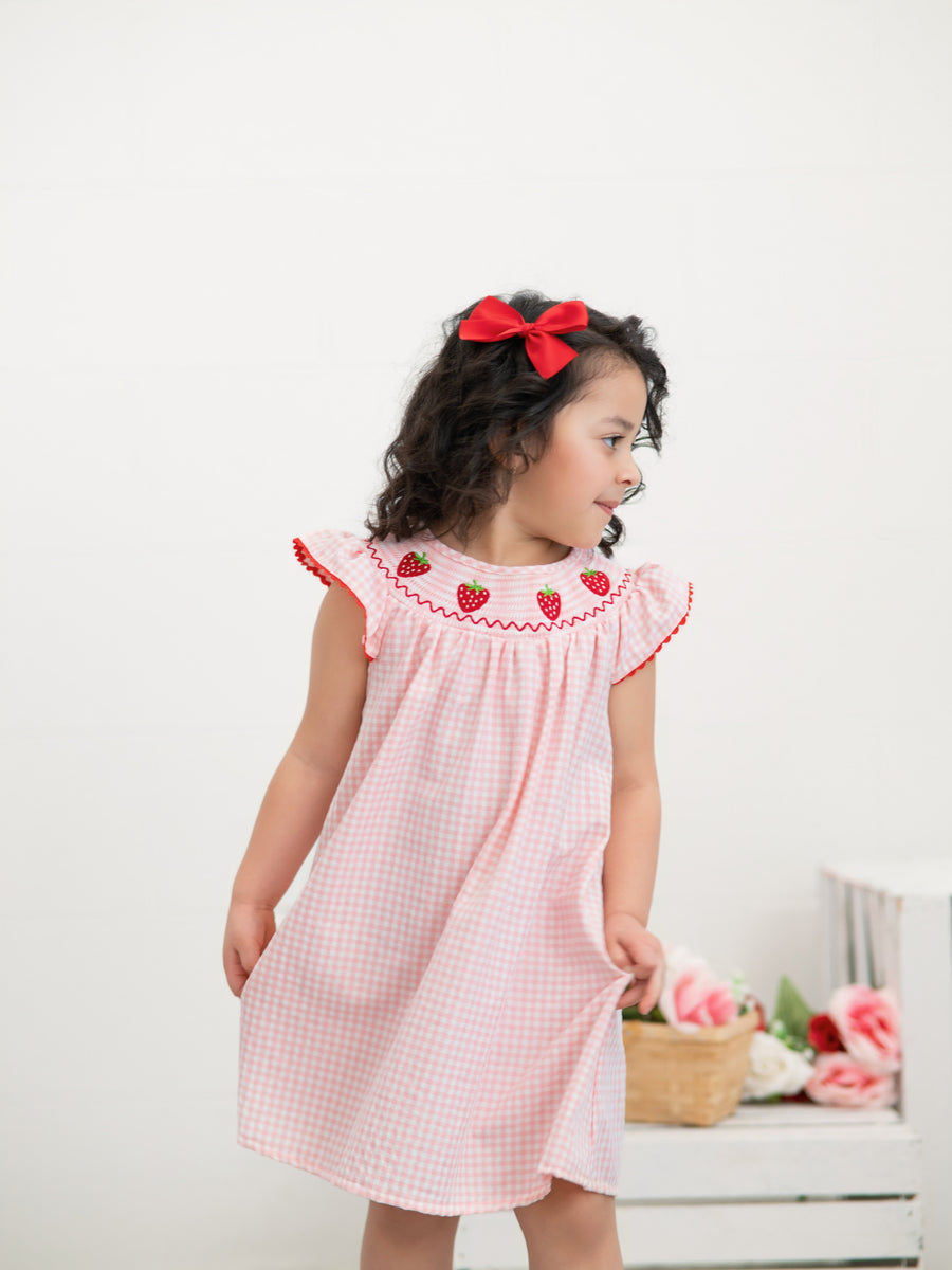 Baby Girls Strawberry Embroidered Plaid Smocked Dress 4 Baby Girls Strawberry Embroidered Plaid Smocked Dress 4