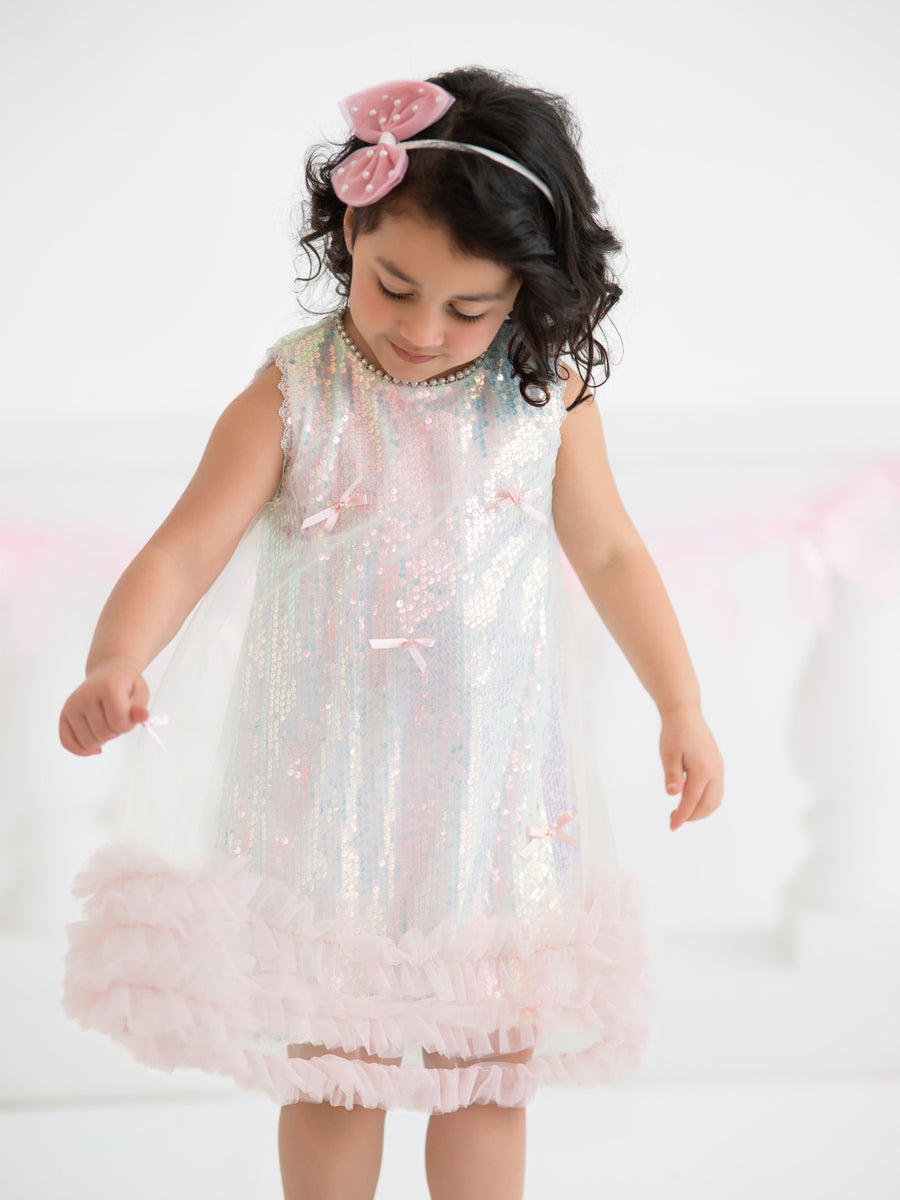 Iridescent Sequin Bow Ruffle Tulle Girls Dress 5 Iridescent Sequin Bow Ruffle Tulle Girls Dress 5