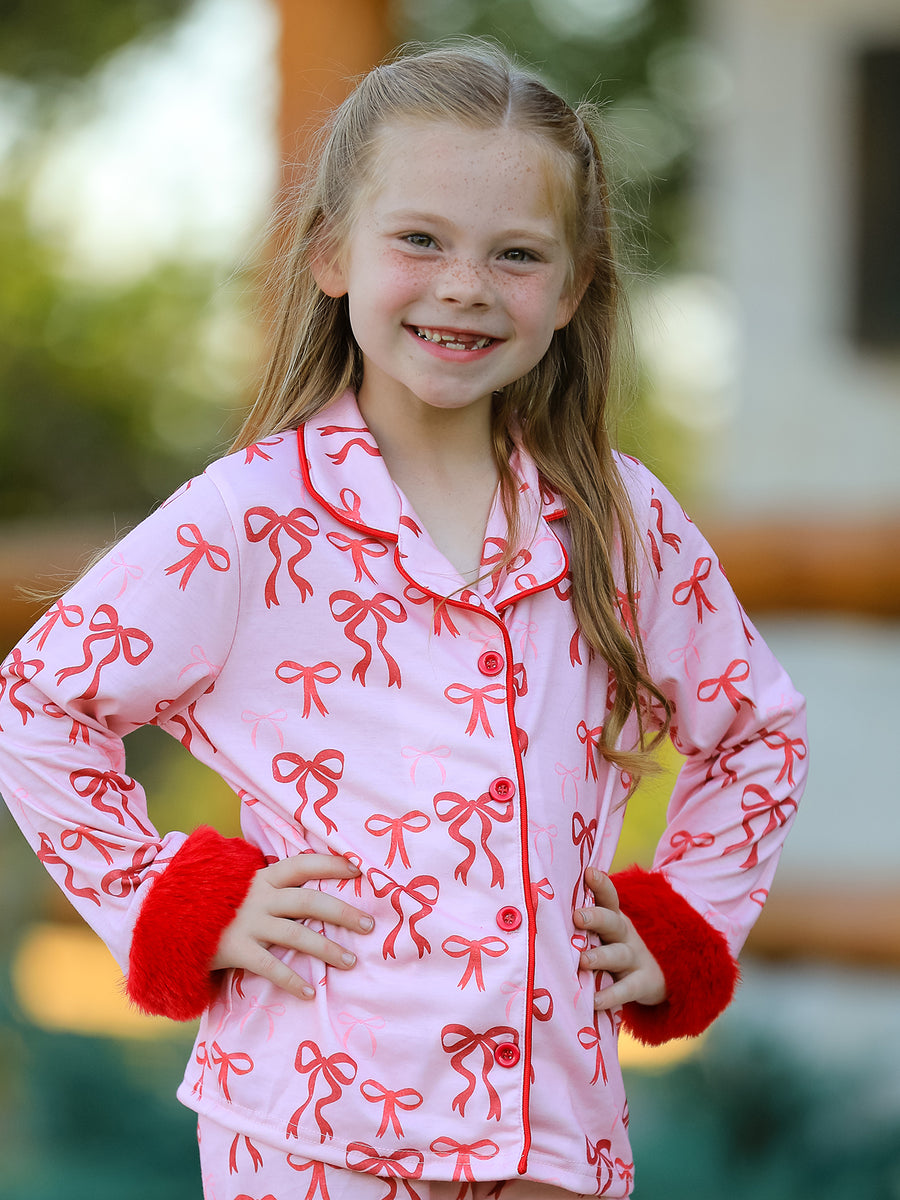 Christmas Bow Girls Pajama Set with Furry Trim