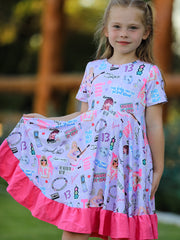 Purple TS Print Ruffle Girls' Short Sleeve Christmas Dress