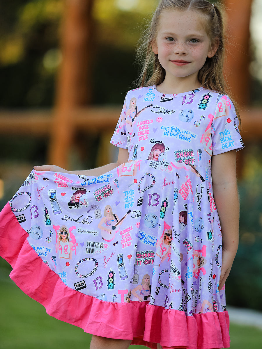Purple TS Print Ruffle Girls' Short Sleeve Christmas Dress