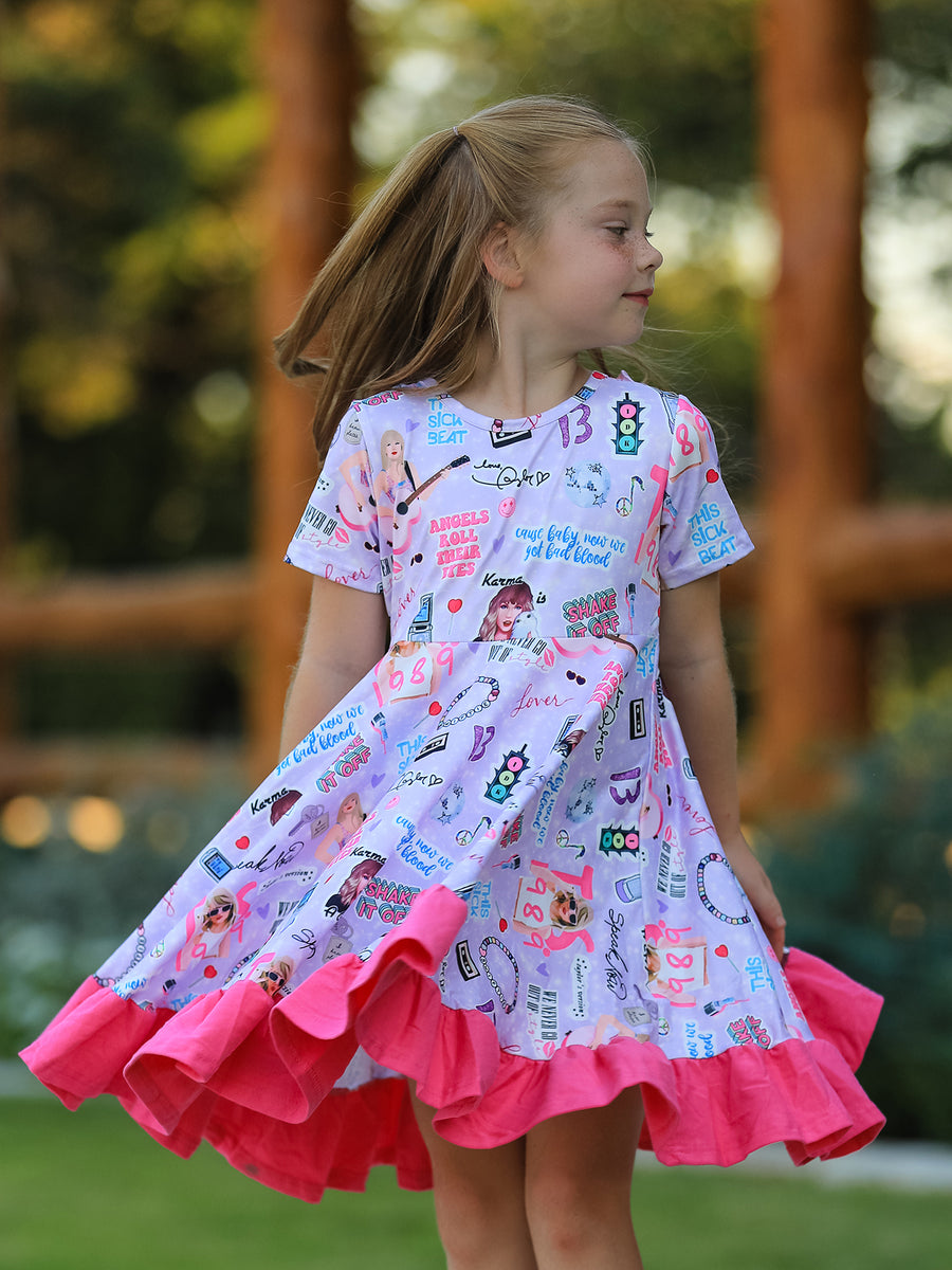 Purple TS Print Ruffle Girls' Short Sleeve Christmas Dress