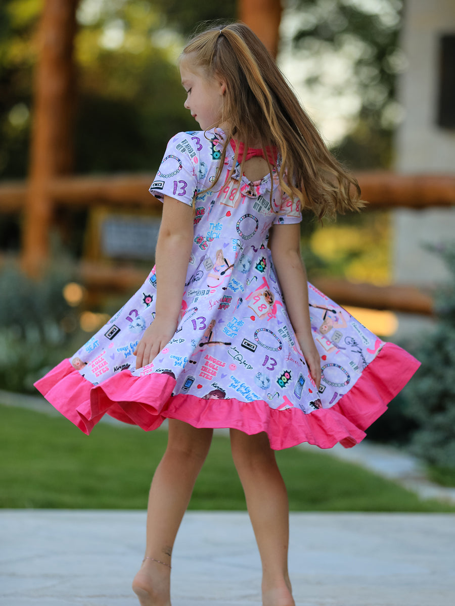 Purple TS Print Ruffle Girls' Short Sleeve Christmas Dress
