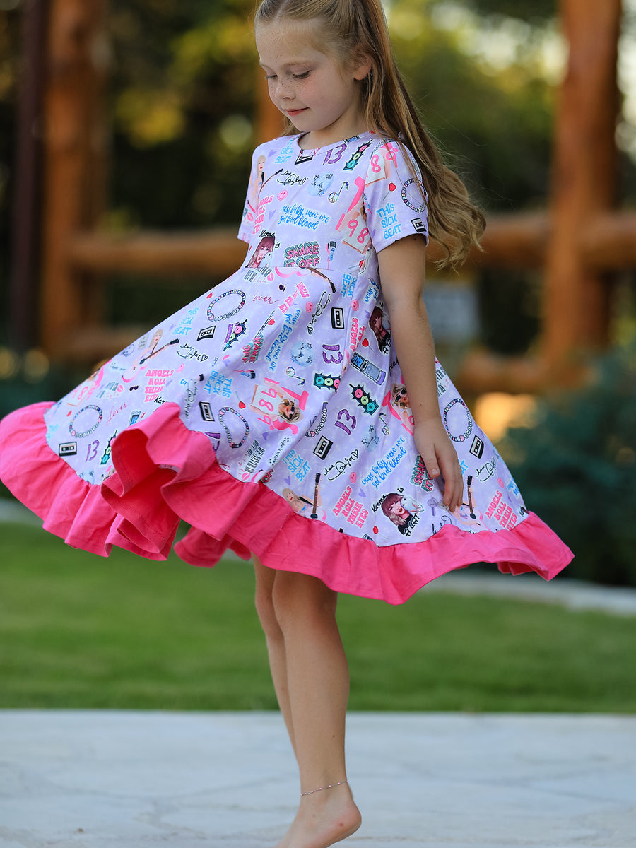 Purple TS Print Ruffle Girls' Short Sleeve Christmas Dress