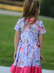 Purple TS Print Ruffle Girls' Short Sleeve Christmas Dress