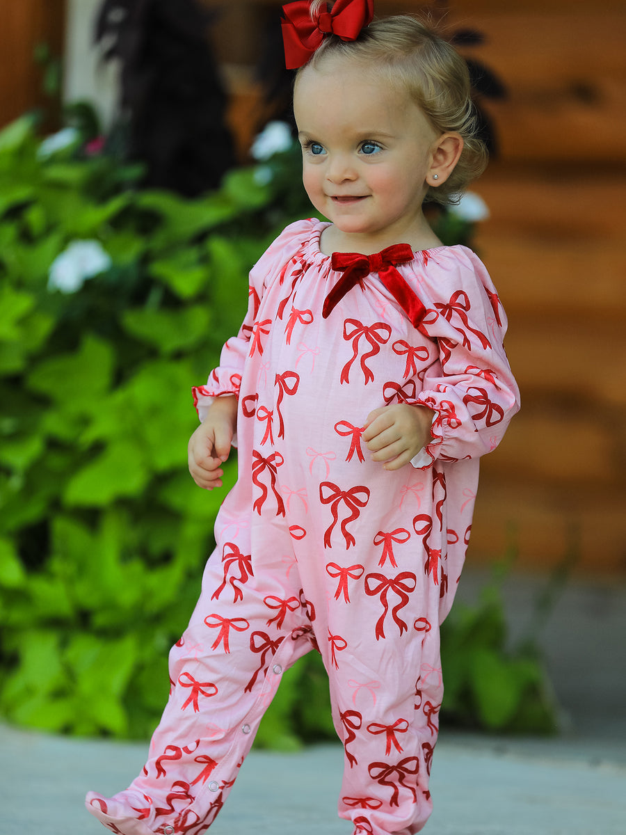 Christmas Bow Print Baby Girls Romper