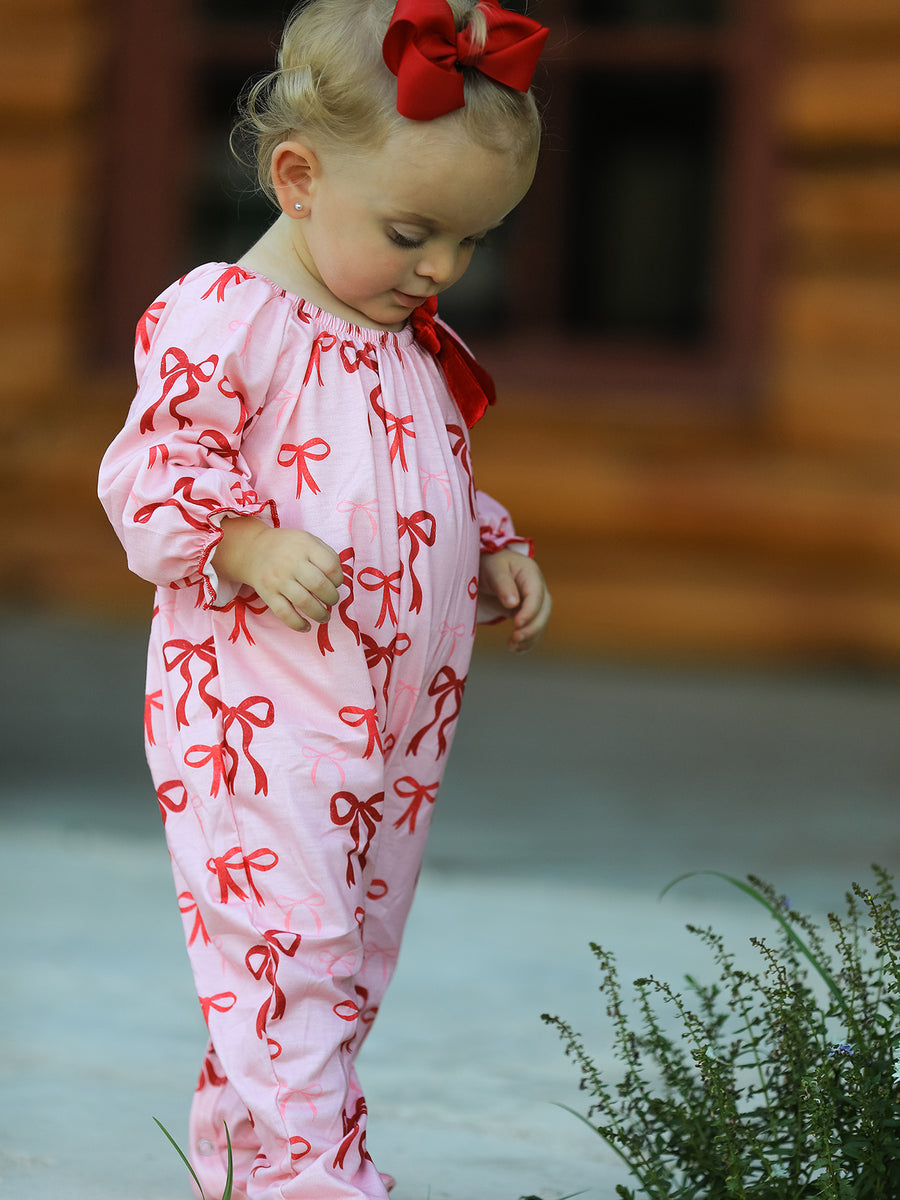 Christmas Bow Print Baby Girls Romper