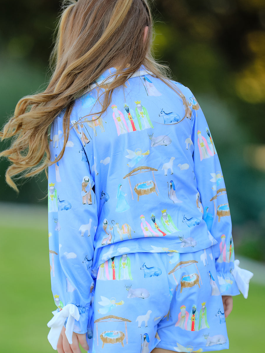 Blue Christmas Nativity Pattern Girls Pajamas Set