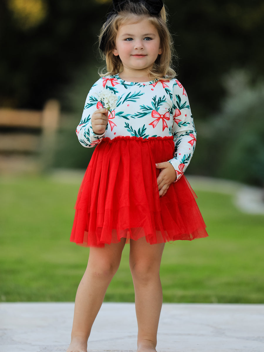Red Tulle Skirt Christmas Tutu Dress and Holly Print
